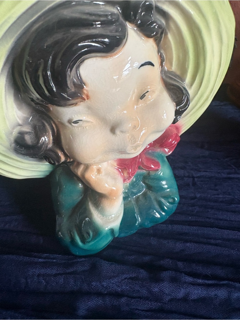 Whimsical Ceramic Girl Planter in Green with Yellow Hat and Pink Bow - Picture 2 of 4